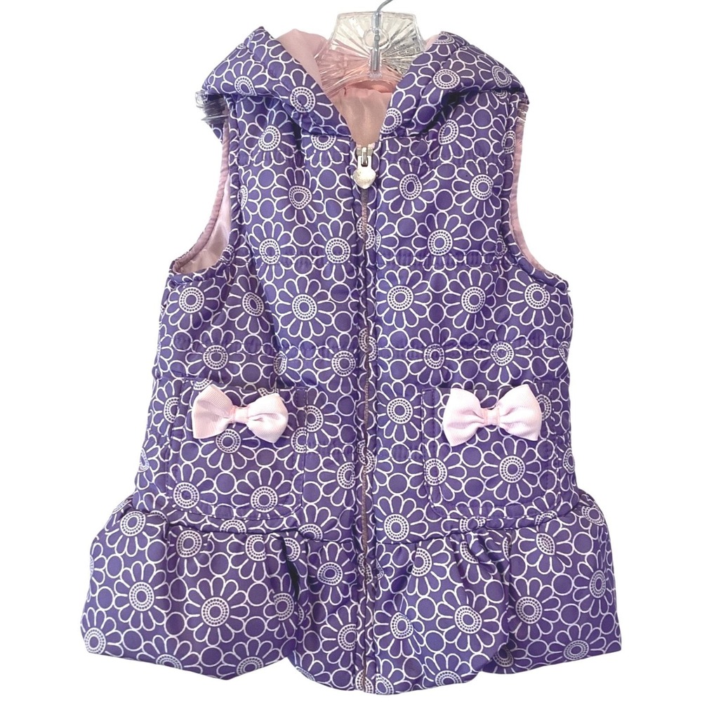 Girls Puffer Vest Purple Pink Floral Ruffle Hooded Bows Heart - Size 4